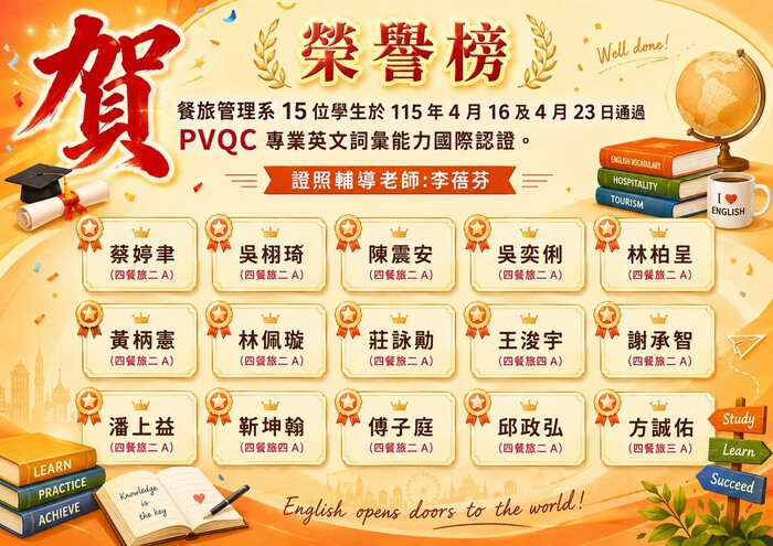 餐旅管理系賀 餐旅管理系15位學生於115年4月16及4月23日通過PVQC 專業英文詞彙能力國際認證。 證照指導老師: 李蓓芬圖片